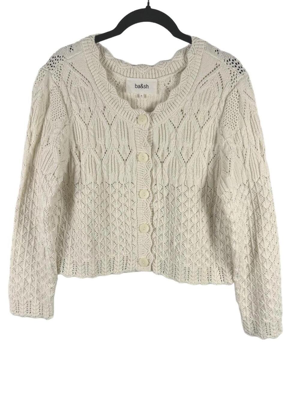 ba&sh Jump Mixed Knit Cardigan Ecru Pointelle Crochet Scalloped Trim Size 2